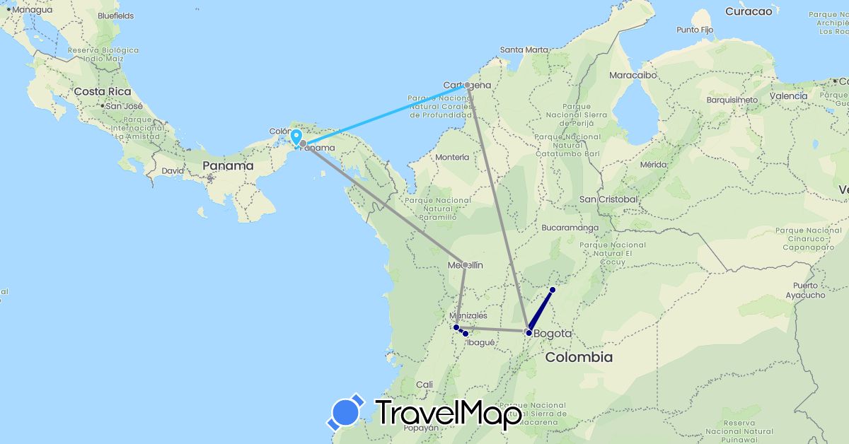 TravelMap itinerary: driving, plane, boat in Colombia, Panama (North America, South America)